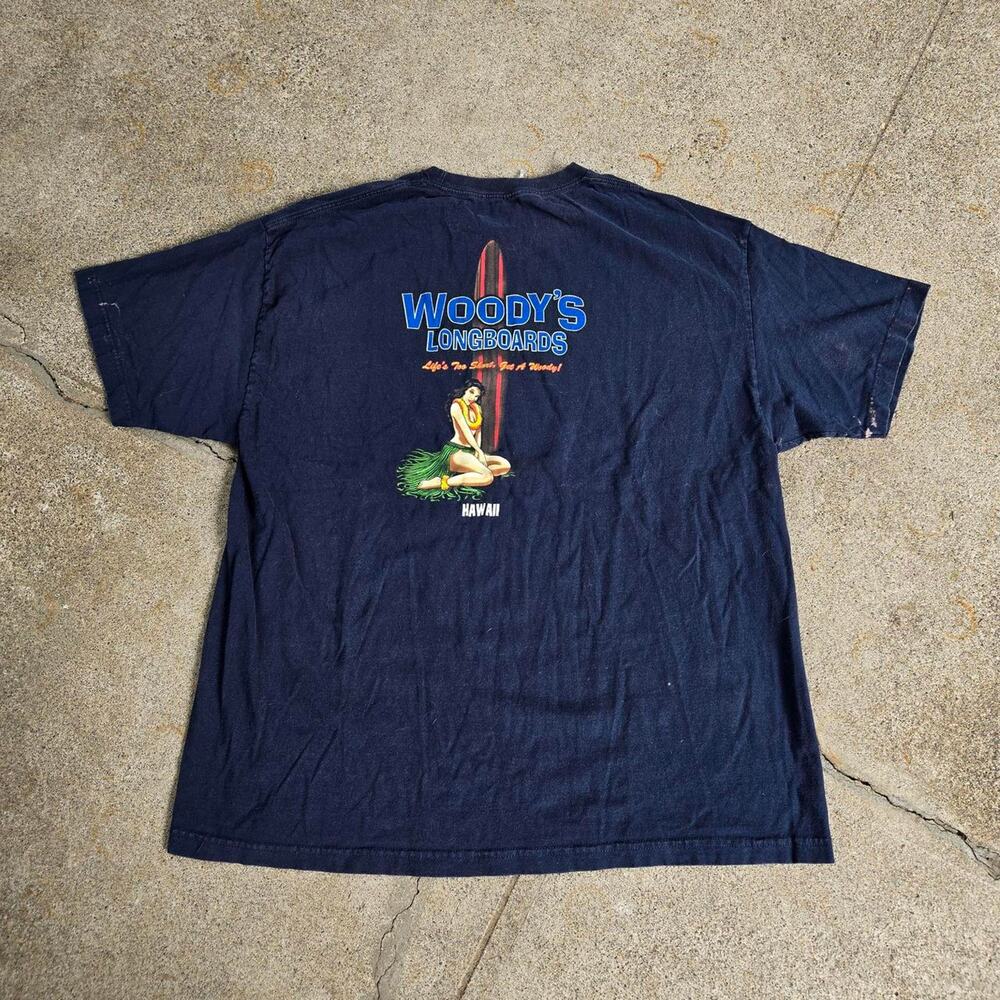 Vtg Y2k WOODY'S LONGBOARDS Hawaii Hula Girl Graphic Skate Surf Tee Shirt XL Fit